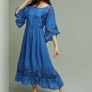 Blue Floral Flowing Romantic Lace Cutout Relaxed  Prairie Sun Dress size small